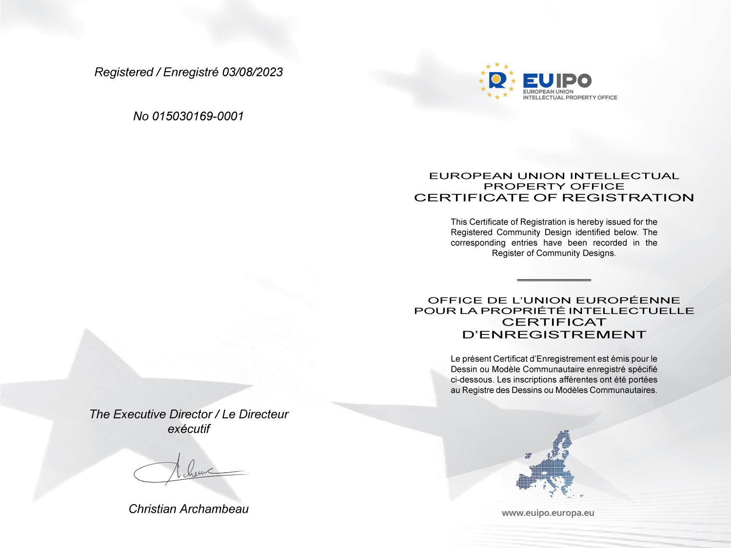 European Union Intellectual Property Office Certificate Of Registration No 015030169-0001